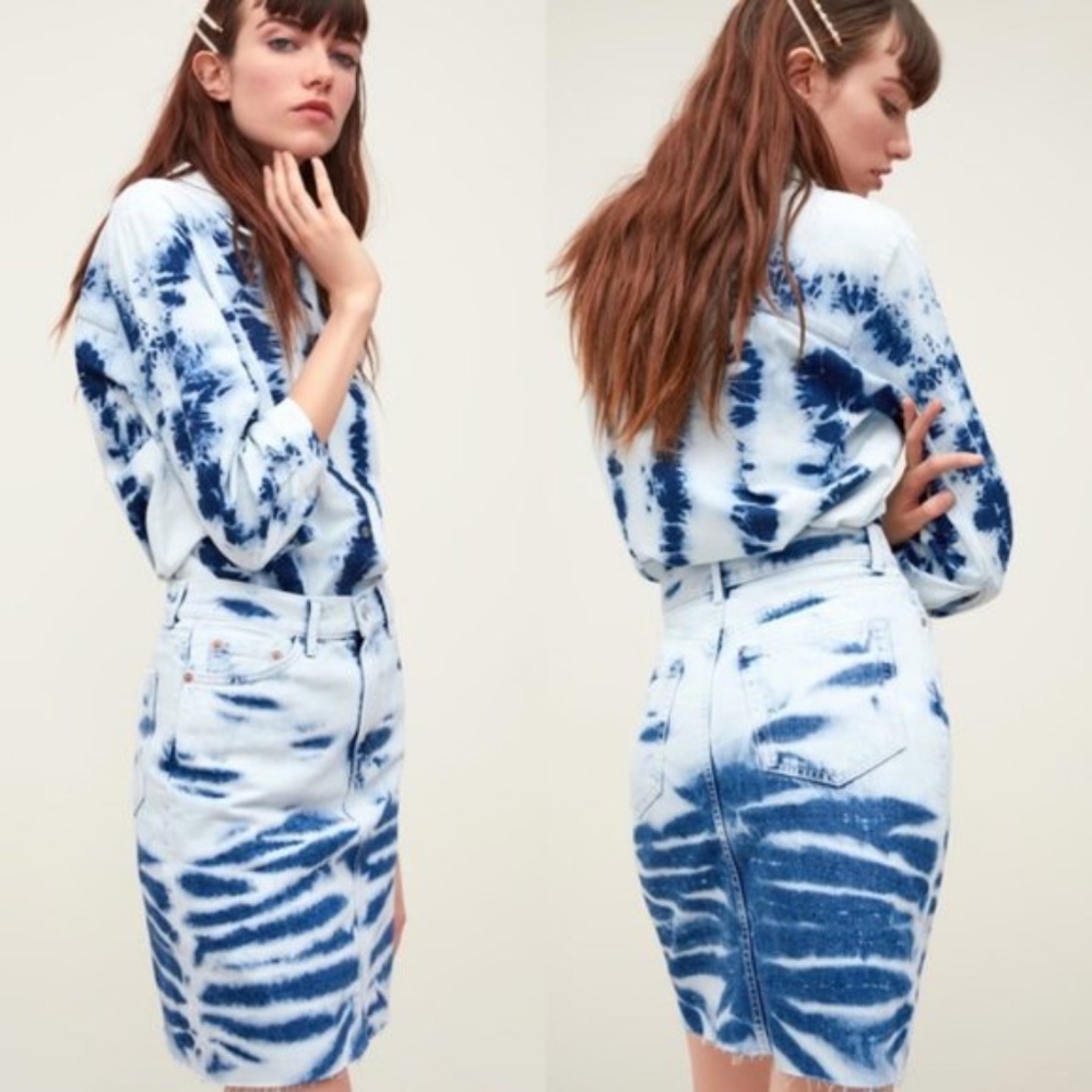 ZARA ZW PREMIUM TIE-DYE DENIM SKIRT BLUE XS